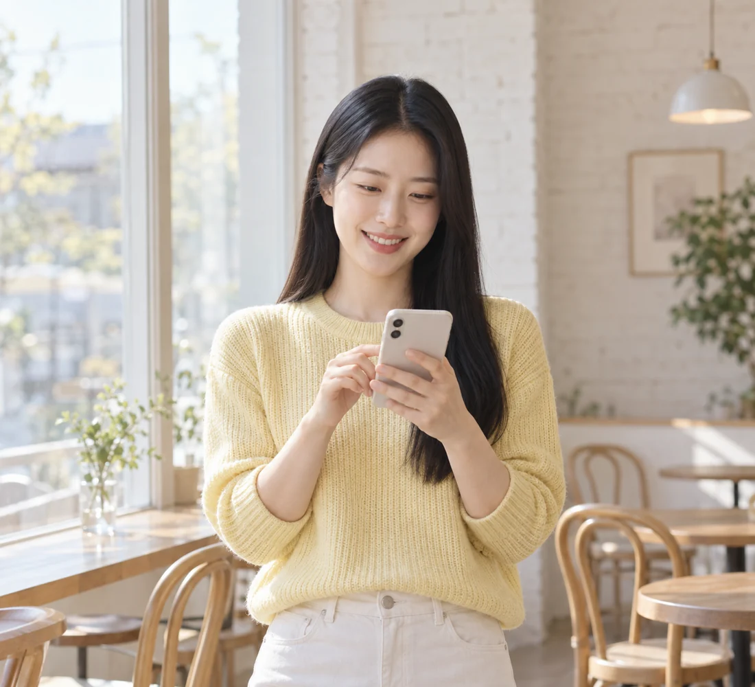 밝은 상담실에서 휴대전화로 문자 상담을 하며 웃는 고객
